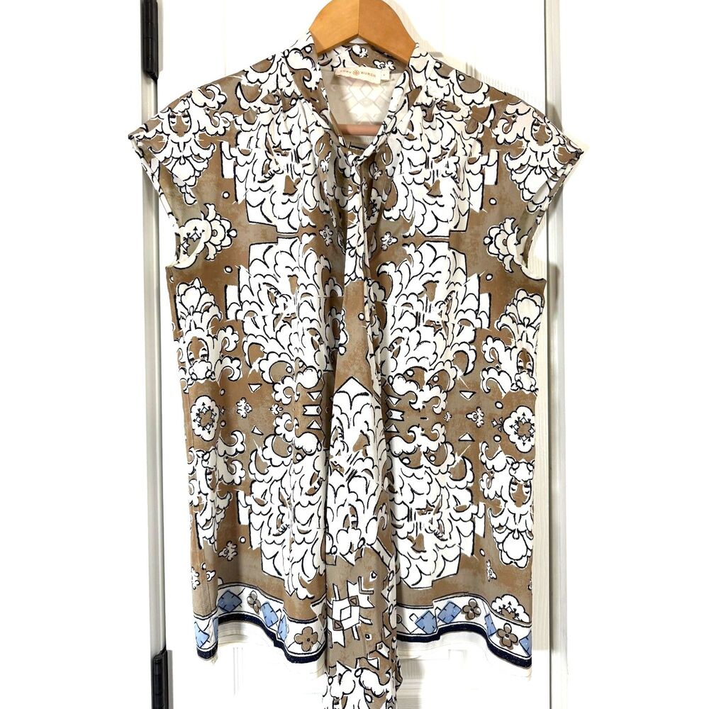 ✨ Tory Burch | Brown & White Geometric Bow Blouse | Size 4 ✨ - Picture 4 of 6